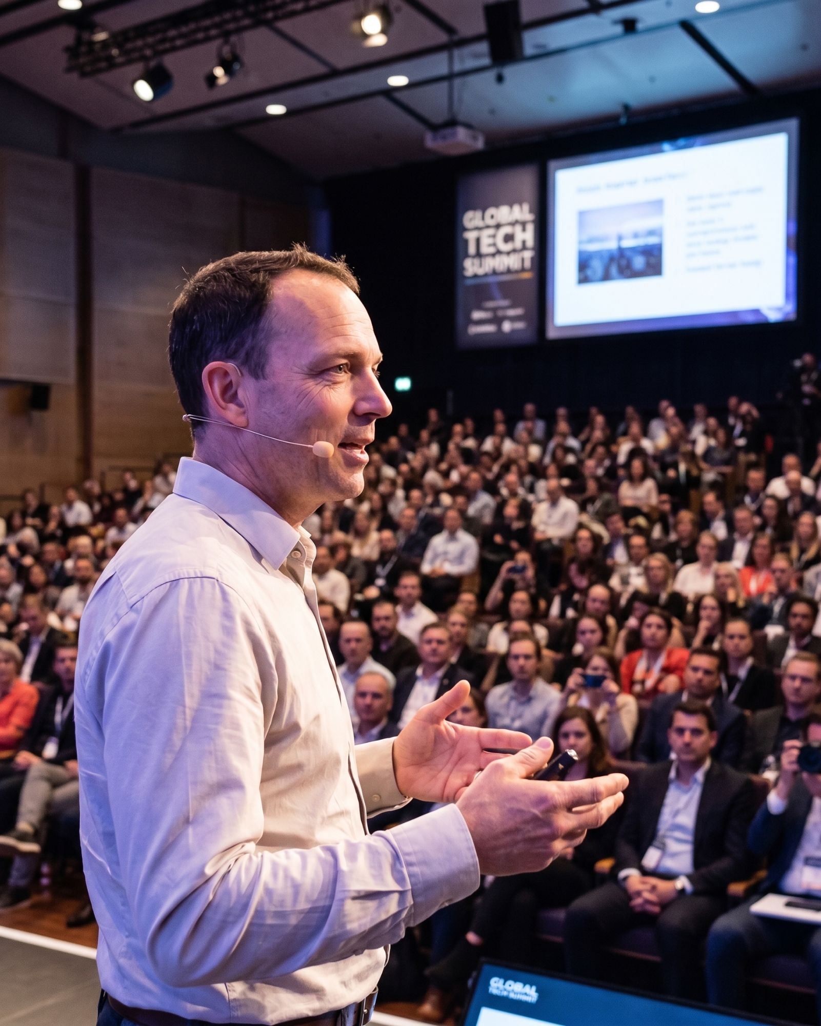Adrian Simpson speaking on stage to a large audience